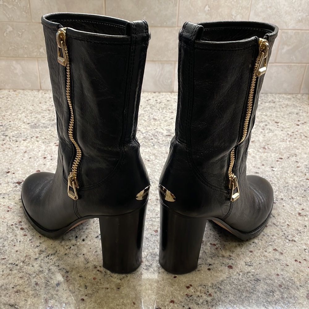 Jimmy Choo 4” heel biker mid calf boots size 38 (8) black gold zipper